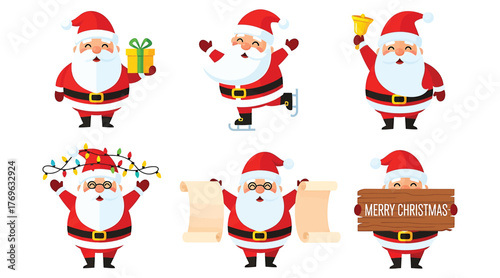 Collection of santa claus characters in different poses, festive christmas holiday illustration with santa holding gifts, bell, scroll, and lights