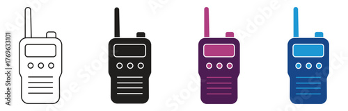 Walkie talkie icon set. Communication device icon emphasizing strong symbol. Include buttons and antenna details, vector illustration.