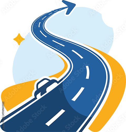 An abstract illustration of a winding road leading upwards to an arrow, symbolizing the journey towards success and future goals