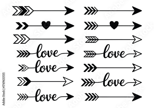 Collection of arrow illustrations with love motifs silhouette