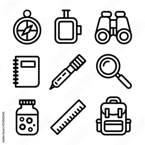 Outdoor exploration and study icons silhouette