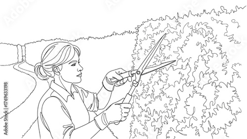 Garden Maintenance Line Art — Gardener Pruning Hedge with Protective Gloves, Subtle Path Background, Minimal Vector Illustration