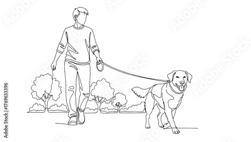 High quality black continuous front view line art of person walking dog in park with leash and trees outlined, minimal clean vector illustration