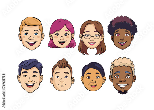 Diverse people portraits avatar set in cartoon style. Illustration of cheerful men and women of different ages and ethnicities isolated on white background. Hand drawn vector design concept. icon