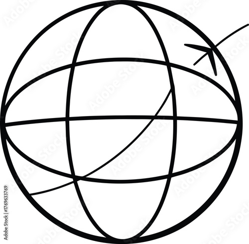 Globe with Flight Path Line Art Travel Vector Illustration on White Background