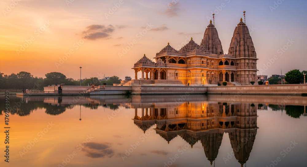 Fototapeta premium Hindu Temple Reflected in Lake at Dawn