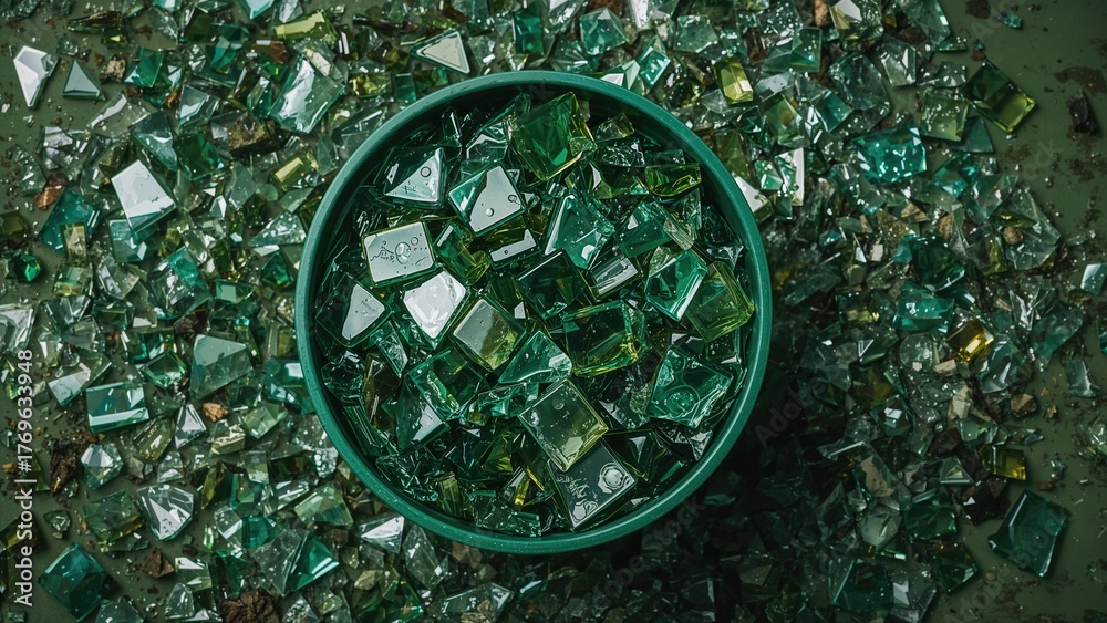 Obraz premium Top view background of many recycle pieces of broken green glass with a circular frame.