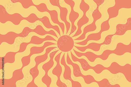 Yellow and orange groovy starburst background. Psychedelic wavy retro sun ray. Orange and yellow poster design.