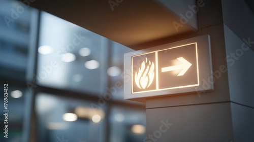 A safety poster with illustrated fire evacuation routes on a wall, symbolizing information accessibility, awareness, and education in public safety systems. cinematic color correction, gentle