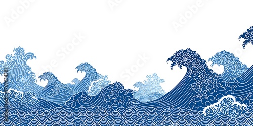 Traditional japanese woodblock print of crashing ocean waves in blue and white