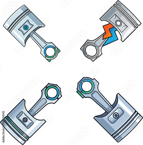 Piston Group Engine Components and Repair Illustration with Cracked Piston