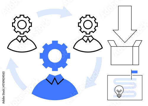 Gear-headed figures in a cycle process reveal teamwork dynamics. Arrows indicate workflow, paired with a box and idea plan. Ideal for collaboration, process management, teamwork, innovation