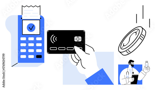 Contactless card payment on a terminal with a receipt, digital coin illustration, and a doctor holding a medication bottle. Ideal for healthcare, fintech, digital transactions, retail, financial