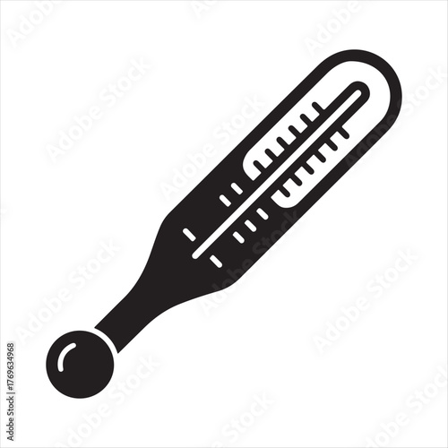 Black silhouette of a classic mercury thermometer showing a high temperature reading