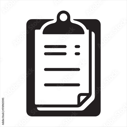 Simple black and white icon representing a clipboard with a document and a clip