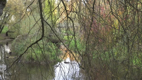 Through leafless branches, a scenic autumn view reveals a metal bridge over a calm river, with people moving gently in the golden seasonal light.