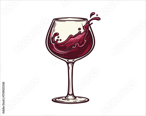 Elegant Red Wine Glass with Splash Illustration on White Background