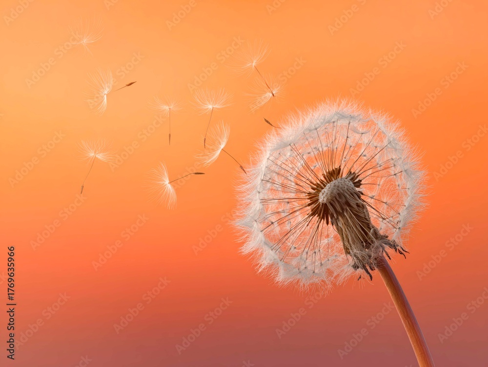 Obraz premium A dandelion, its seeds scattering in the wind, against an orange background. The banner symbolizes beauty, tranquility, freedom, or hope.