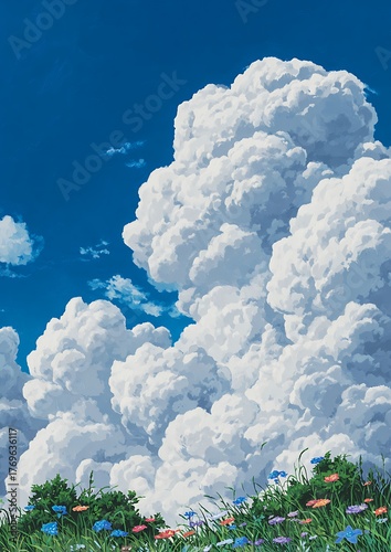 Dramatic cumulus clouds fill the sky above a vibrant field of wildflowers and green grass