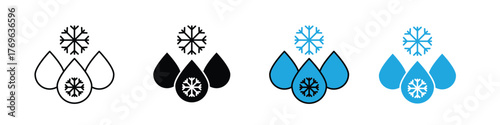 Frozen water drop icon in outline, solid, and color styles. Perfect for winter, weather, freezing, and cold-themed designs.