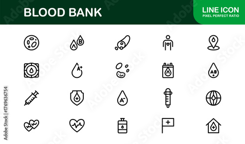Blood Bank Icons – Professional Line Icon Set – Modern, Minimal Vector Collection for Medical Donation, Transfusion, and Healthcare Systems