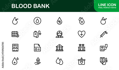 Blood Bank Icons – Professional Line Icon Set – Modern, Minimal Vector Collection for Medical Donation, Transfusion, and Healthcare Systems