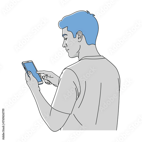 Man Browsing Phone Line Art Illustration