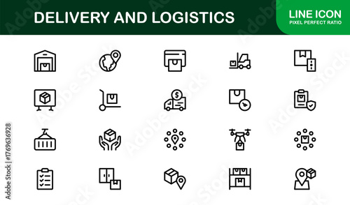 Delivery and Logistics Icon Set in Vector Style Featuring Shipping, Transport, Package, and Supply Chain Symbols