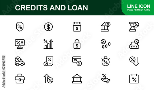 "Credits Loan Banking Finance Modern Line Icon Set – Professional Minimal Outline Vector Icons for Financial Services and Lending Solutions