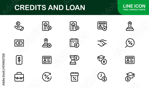"Credits Loan Banking Finance Modern Line Icon Set – Professional Minimal Outline Vector Icons for Financial Services and Lending Solutions