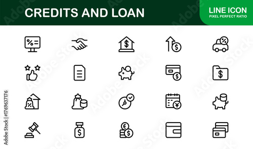 "Credits Loan Banking Finance Modern Line Icon Set – Professional Minimal Outline Vector Icons for Financial Services and Lending Solutions
