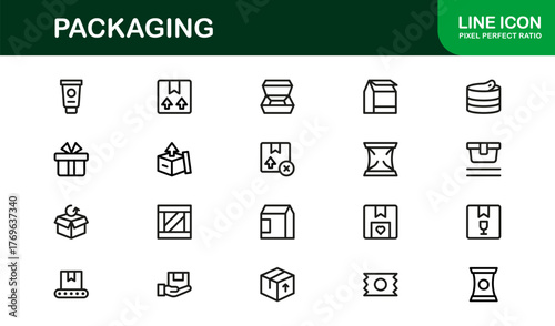 Professional packaging line icon set with minimal, editable vector designs — perfect for creating standout visuals in modern branding and design projects