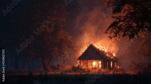 house on fire in the middle of the forest at night