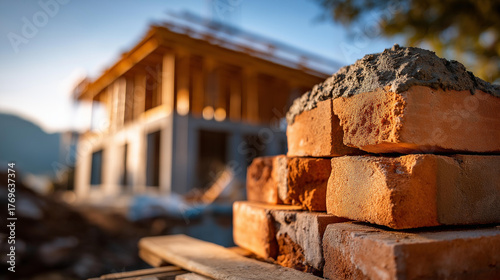 Brick wall construction in progress for residential building project construction materials mortar building industry masonry work house development structural foundation rea
