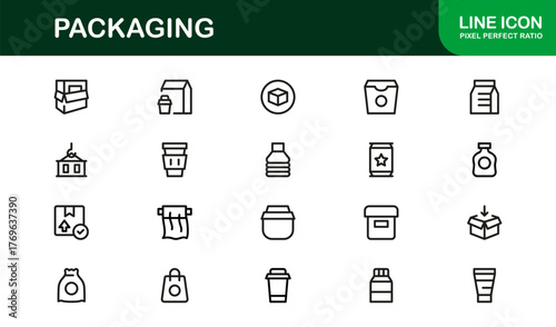 Professional packaging line icon set with minimal, editable vector designs — perfect for creating standout visuals in modern branding and design projects