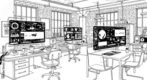 Architectural blueprint style illustration of a high-tech office with digital data