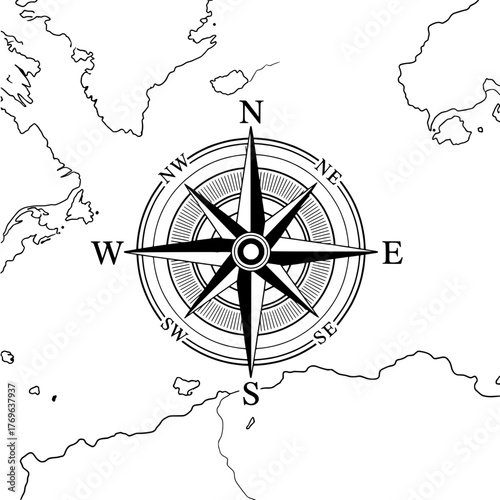 Compass Rose Navigation Icon Guiding Directions, North, South, East, West Map Vector Illustration
