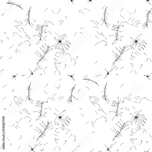 Floral Repeat Pattern Design With Daisy and Twig Elements in Black and White