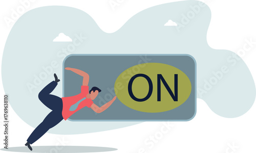 Turn on switch, paradigm shift or change to be better status, start or begin business, setting or preference concept.smart businessman push setting button switch to on position.life and employment of 