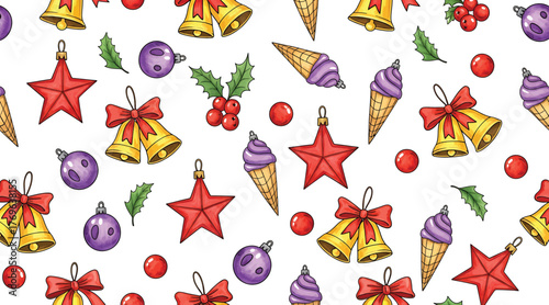 Seamless christmas pattern with christmas ornament, star, bell, ice cream, holly, and berry festive christmas pattern for wrapping paper, textile, and wallpaper