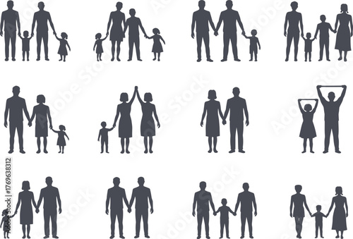 Family silhouettes, adults and children together, holding hands, bonding moments, parenting, unity, interaction, black icons, flat vector illustration