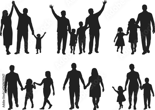 Family silhouettes, adults and children walking, holding hands, bonding moments, parenting, unity, interaction, happy group, flat vector illustration