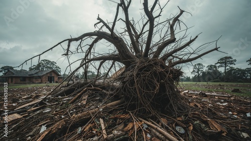 Strong winds storm damage uproots a dead tree.