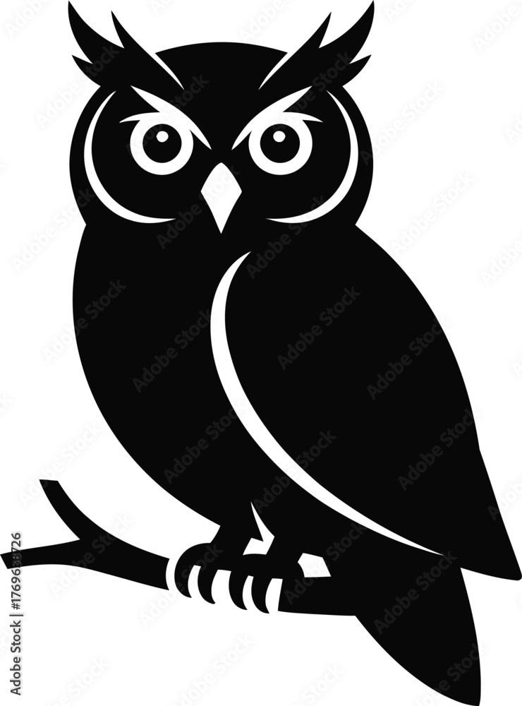 Fototapeta premium Black silhouette of an owl perched on a branch