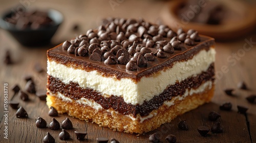 Wallpaper Mural Close up shot of a layered dessert with chocolate chips on a wooden surface table Torontodigital.ca