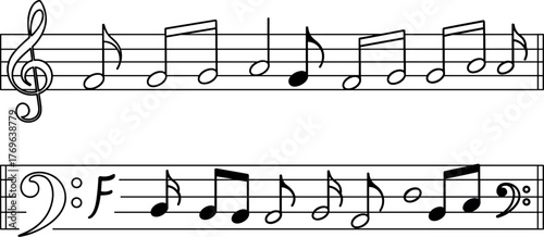 Musical Notation A Simple Illustration of Treble and Bass Clef Notes and Symbols on Staff Lines