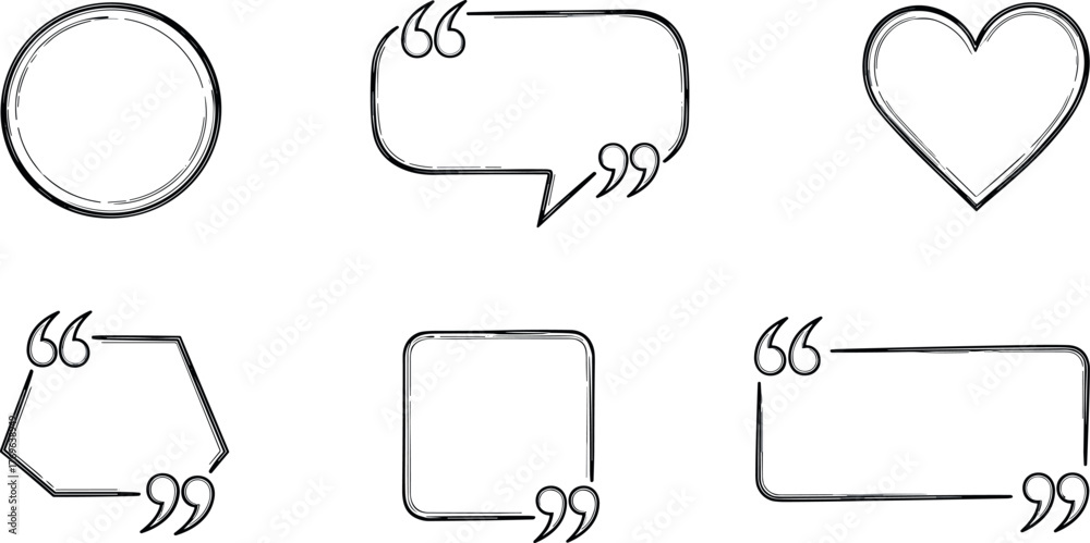 Obraz premium A collection of hand-drawn sketch style quote boxes and speech bubbles. Set of various shapes like circle, square, and heart for text