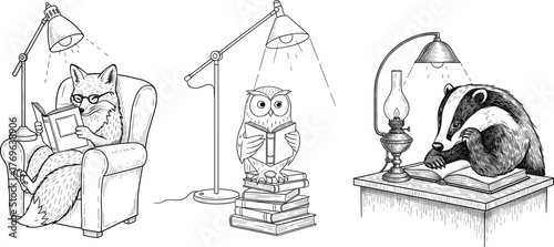 Vintage Engraving Animals Reading Books Vector Set, Hand Drawn Fox Owl and Badger Literary Illustration, Education and Wisdom Graphics.
