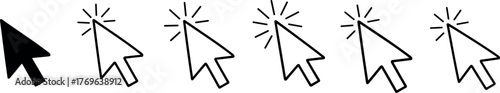 A set of five cursor icons showing a clicking action, with one solid black cursor and four outline cursors highlighting a starburst effect