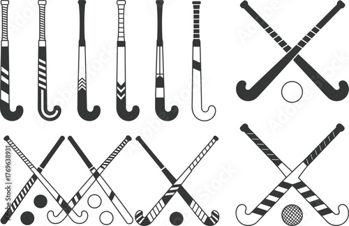 Field hockey sticks and balls, sports equipment icons, team gear layout, flat vector illustration for athletic design and stock graphics